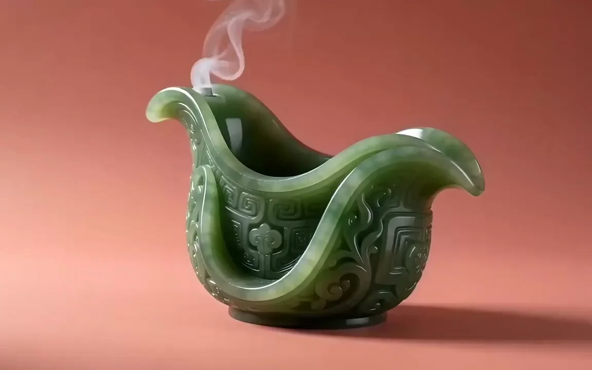 Smoke flowing down a carved jade green incense burner and pooling on a coral table
