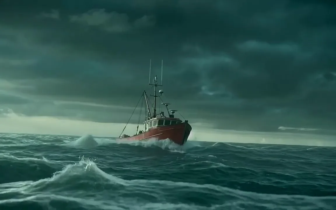 A giant tentacle rising from a stormy sea and arching over a red fishing trawler