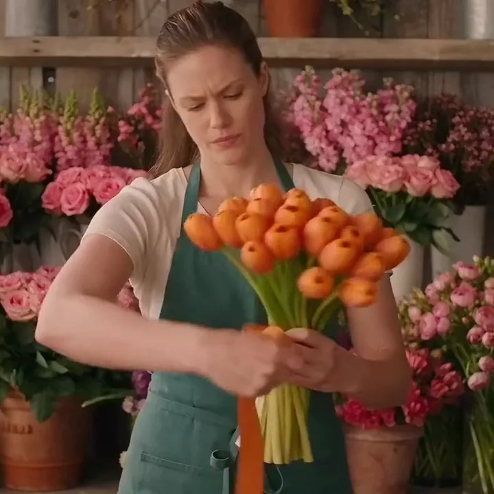 KI-generiertes Video eines Floristen, der ein orangefarbenes Band um einen Tulpenstrauß bindet