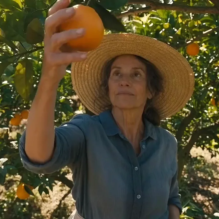KI-Video eines Bauern mit Strohhut, der eine Orange pflückt und in die Kamera hält