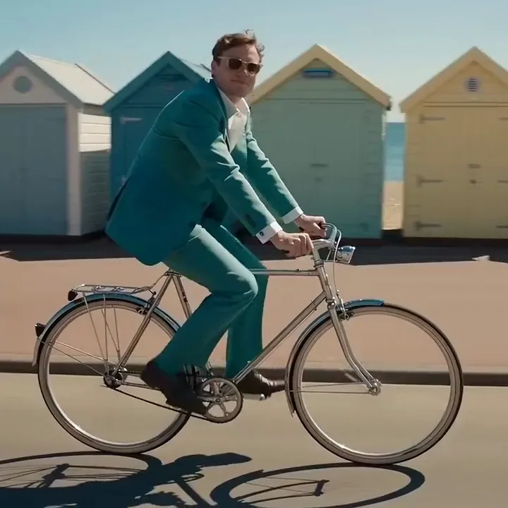 KI-generiertes Video eines Mannes im blaugrünen Anzug, der vom Fahrrad aus an Strandhütten vorbei winkt