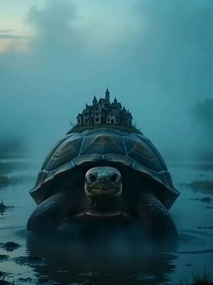 KI-generiertes Video einer Riesenschildkröte, die ein Dorf trägt, dessen Fenster aufleuchten