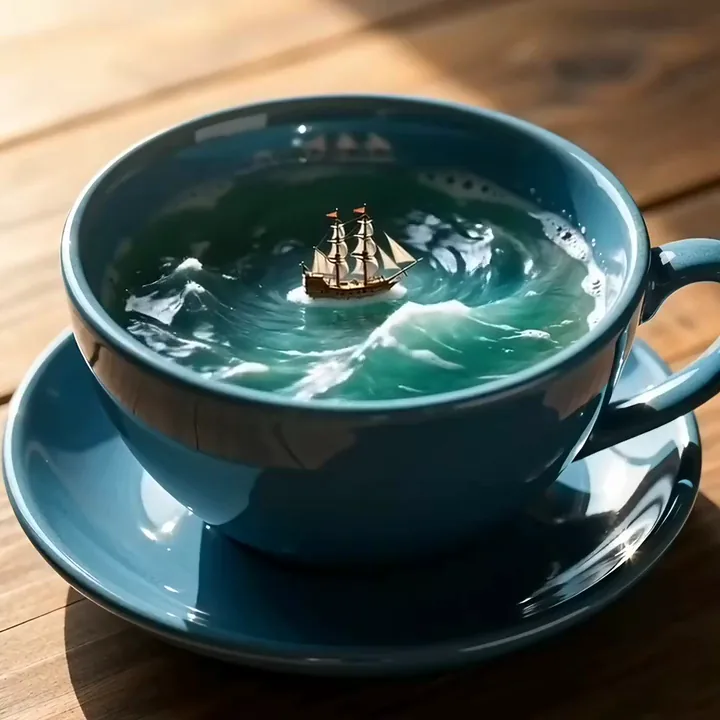 KI-Video eines winzigen Segelschiffs, das in einer blauen Teetasse auf einer Welle reitet