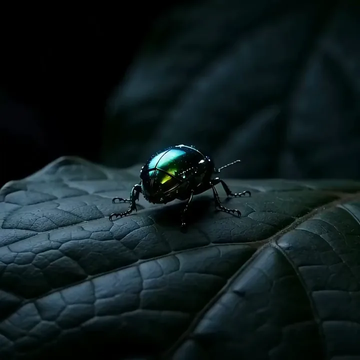KI-generiertes Video eines juwelenbesetzten Käfers, der schillernde Flügel aus Licht öffnet