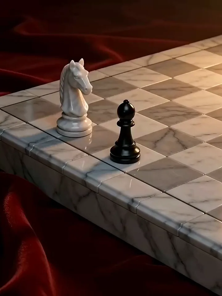 Clip aus dem KI-Video-Generator mit einem Springer aus weißem Marmor, der einen schwarzen Bauern vom Schachbrett stößt