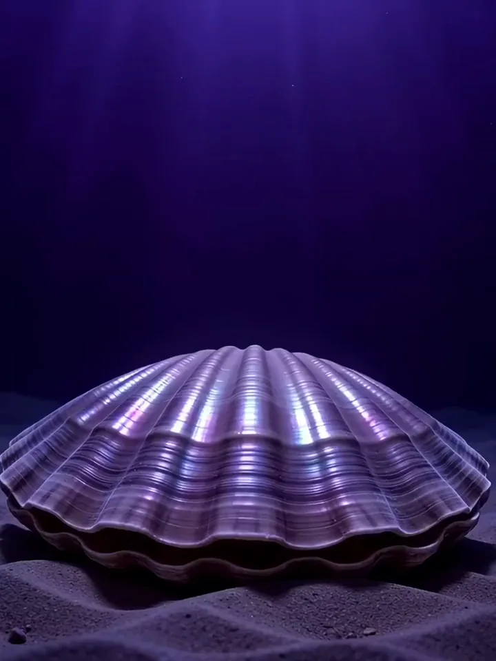 Clip aus dem KI-Video-Generator mit einer Riesenmuschel, die sich öffnet und einen leuchtenden Perlenmond zeigt