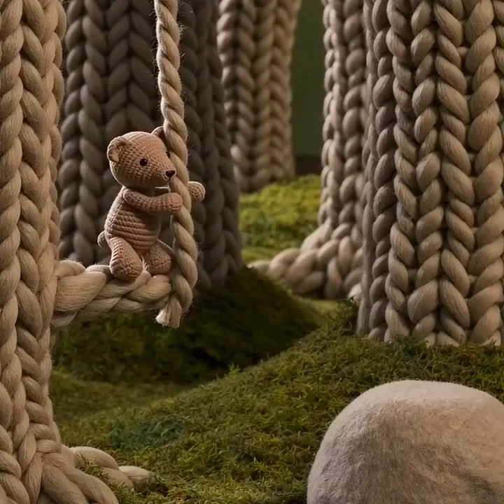 KI-generiertes Stop-Motion-Video eines gestrickten Bären, der sich auf einen Felsen aus Filz schwingt