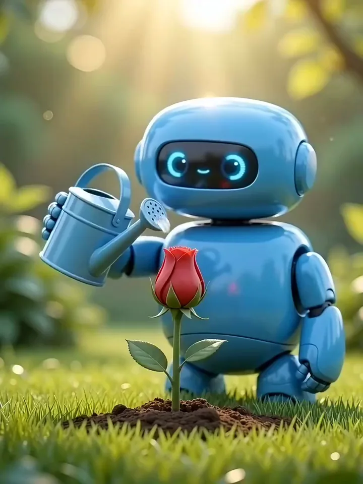 Animiertes KI-Video eines blauen Roboters, der eine Knospe gießt, die zu einer roten Rose erblüht