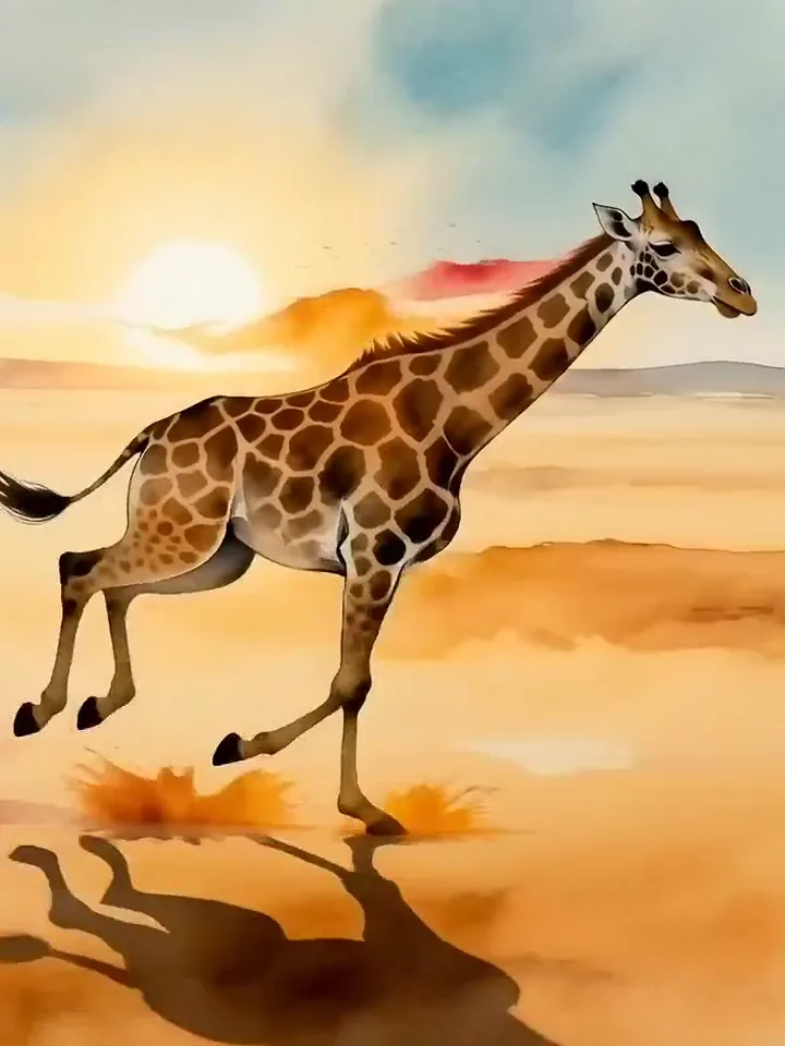 KI-generiertes Aquarellvideo einer Giraffe, die zu einer Akazie galoppiert, während Farbschleier aufblühen