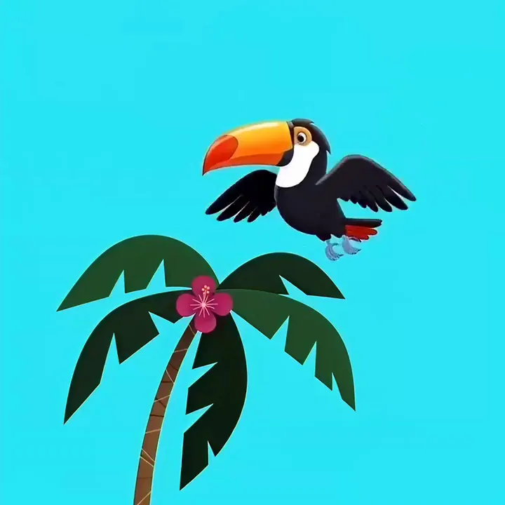 Animiertes KI-Video eines Tukans, der in kräftigen, flächigen Farben auf einer Palme landet