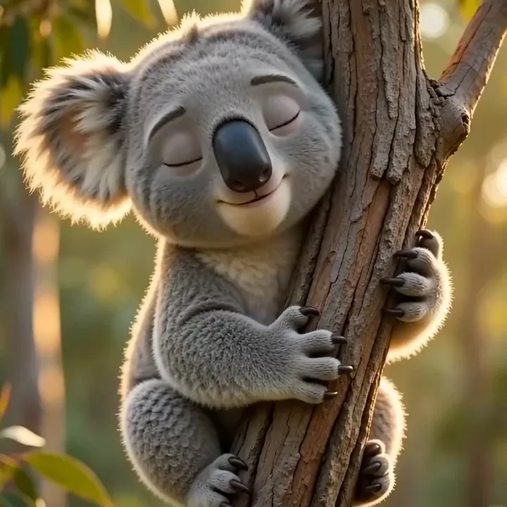 Clip aus dem KI-Video-Generator mit einem 3D-animierten Koala, der lächelnd einen Eukalyptusstamm umarmt