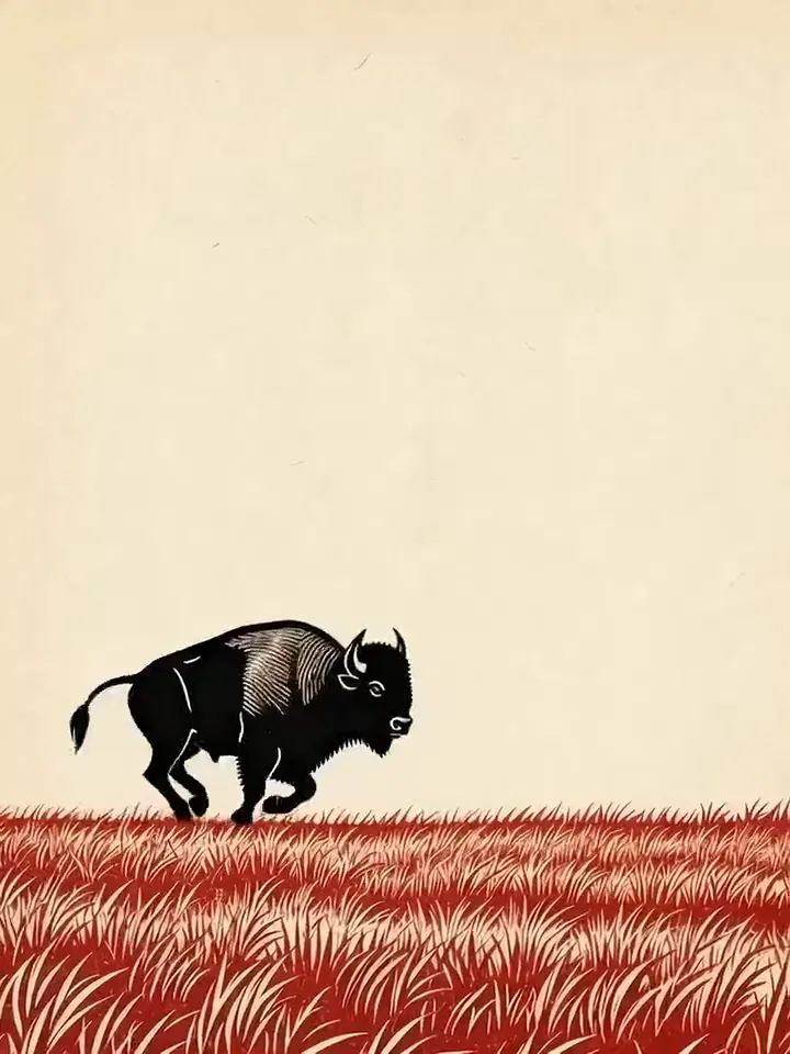 KI-generiertes Video im Linolschnitt-Stil mit einem schwarzen Bison, der durch roten Staub stürmt