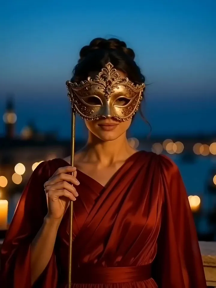 FLUX 3 video of a woman in crimson silk lowering a gold masquerade mask to smile on a twilight balcony