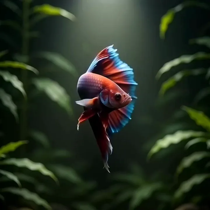 Red and blue betta fish fanning out its fins among dark green aquarium plants