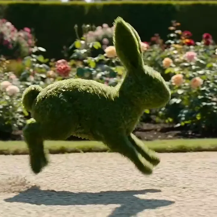 FLUX 3 video of a topiary rabbit hopping along a gravel path past pink and red roses