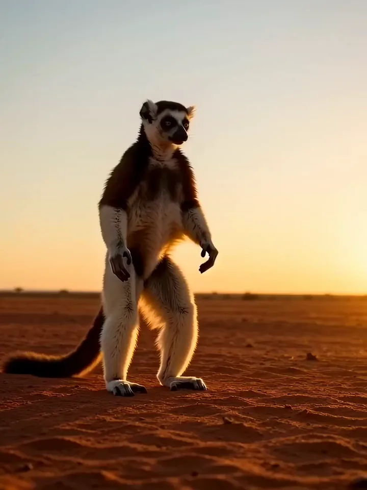 FLUX 3 video of a sifaka lemur hopping with its arms out on red earth at sunset