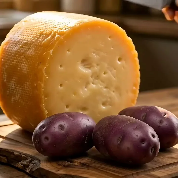 FLUX 3 video of a knife scraping melted raclette over purple potatoes on a wooden board