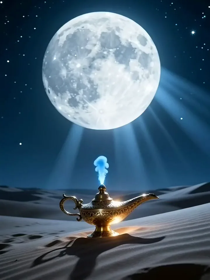 Blue smoke rising from a gold oil lamp under a full moon and forming a genie with glowing eyes