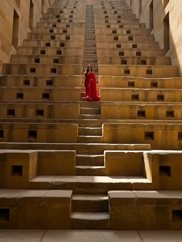 Gemini Omni video of a model in a scarlet sari walking down the stone steps of an ancient stepwell