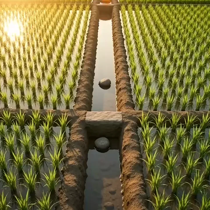 Gemini Omni video of orange marigold petals streaming down a channel between green rice paddies