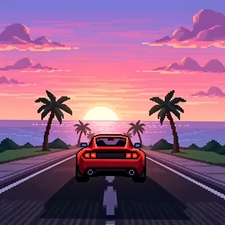 A pixel style red roadster speeding down a palm lined highway toward a pink sunset