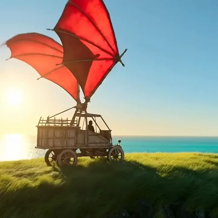 A wooden flying machine with red canvas wings lifting off a cliff over a turquoise sea