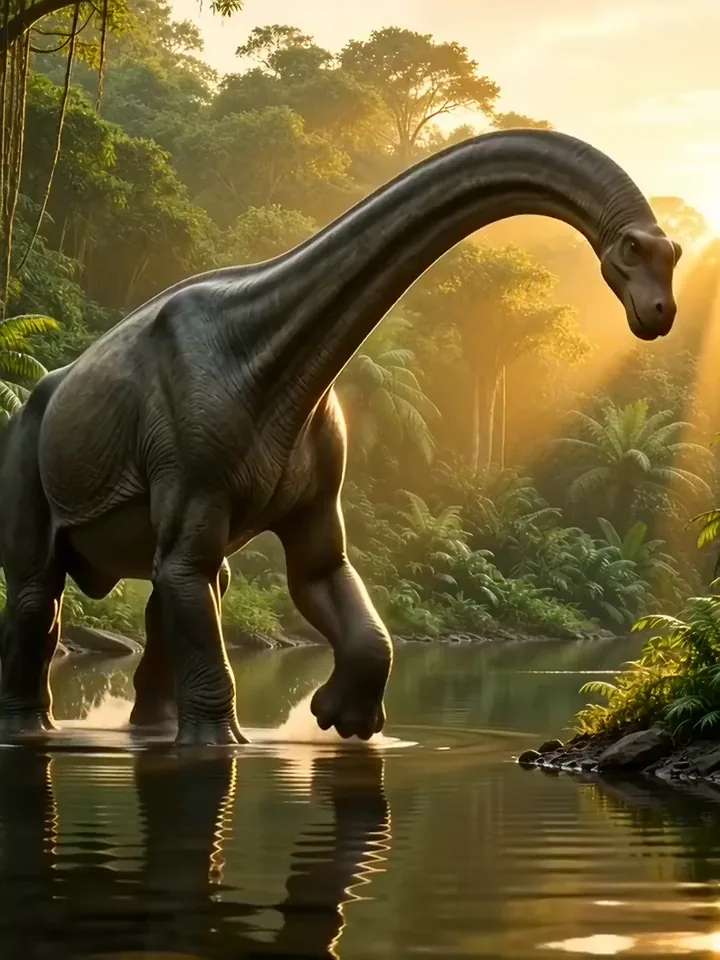 Gemini Omni video of a brachiosaurus wading a jungle stream at golden hour and lowering its long neck to drink