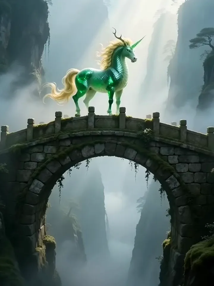 Grok Imagine video of a green stone qilin rearing on a stone bridge in a misty gorge