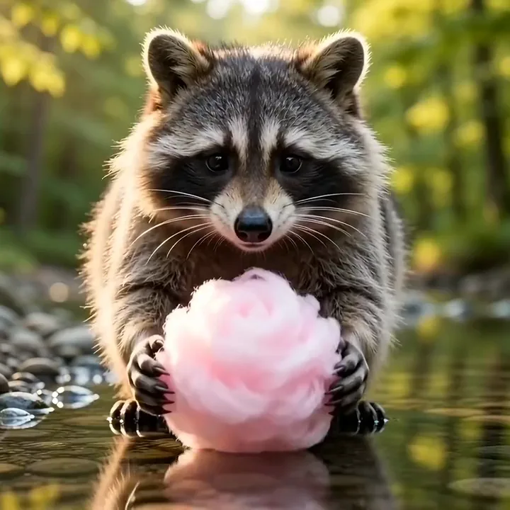 Raccoon washing pink cotton candy in a stream until it dissolves in its paws