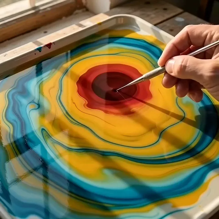 Grok Imagine video of a metal pin drawing red paint into a tulip on marbling water