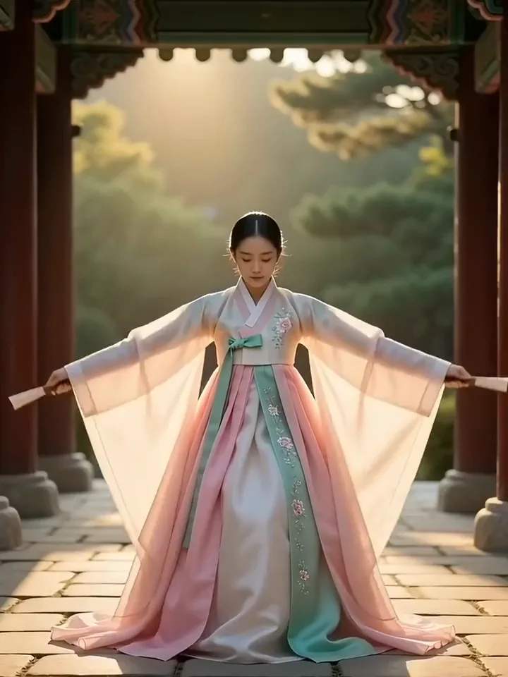 Korean fan dancer in a pink and jade hanbok raising two closed fans and snapping them open
