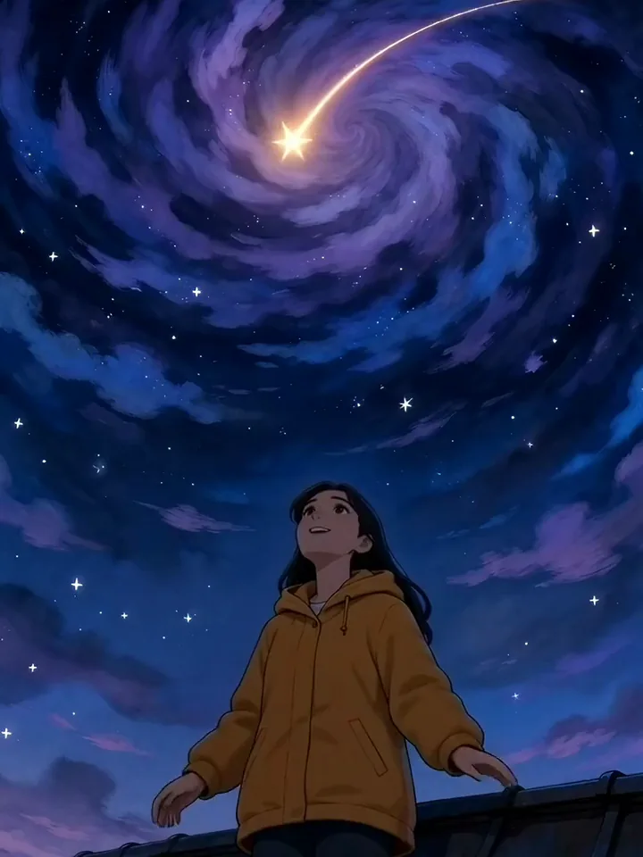 Grok Imagine video of a hand drawn astronomer catching a falling star under a swirling night sky