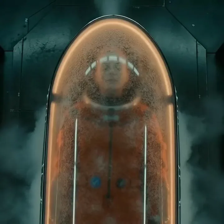 Frost clearing from a cryo pod as a woman in an orange flight suit opens her eyes