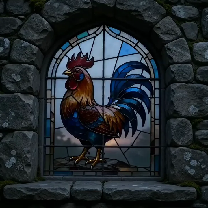 Stained glass rooster glowing as the sunrise lights its window