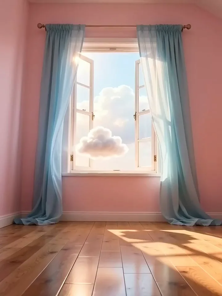 Grok Imagine video of a small white cloud drifting through a window into a pink room