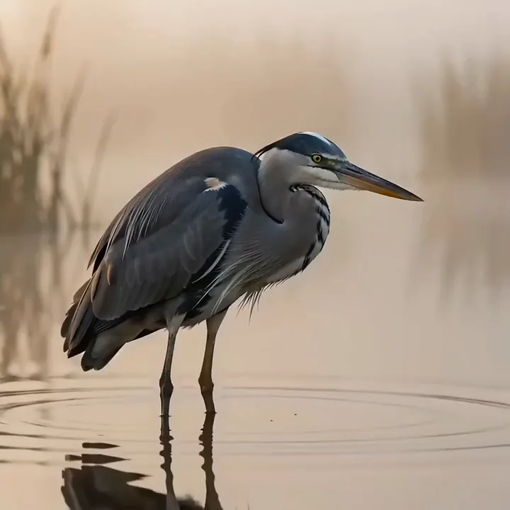 Un airone cenerino che cattura un pesce in una palude immobile alle prime luci del giorno
