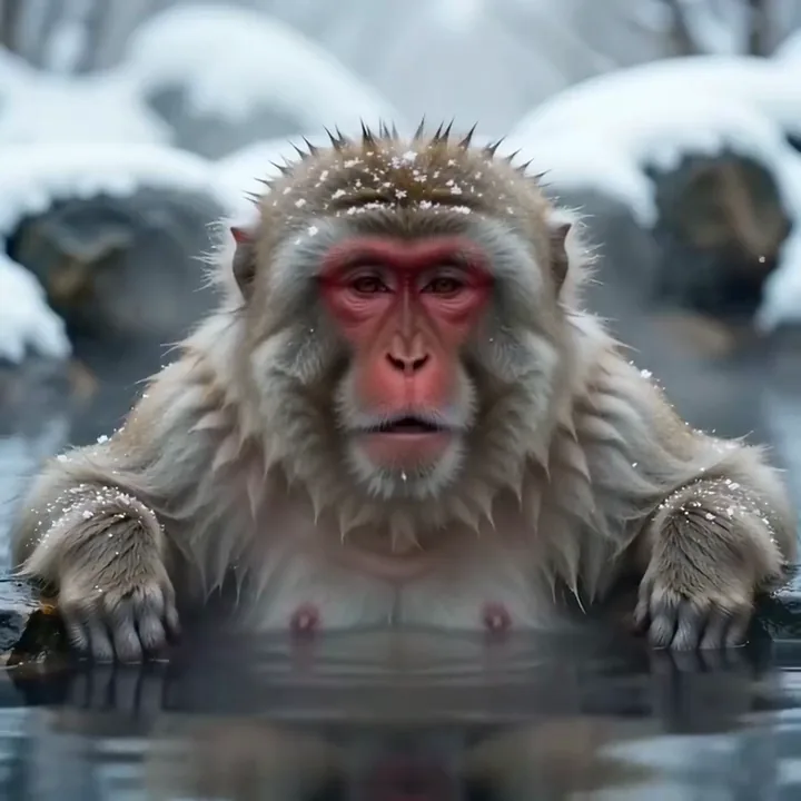 Video Hailuo AI di un macaco delle nevi che si riposa in una sorgente termale fumante
