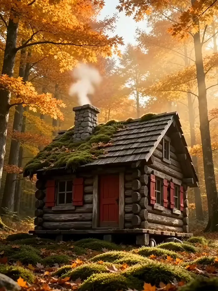 Kling 3.0 video of a log hut rising on giant chicken legs in an autumn forest