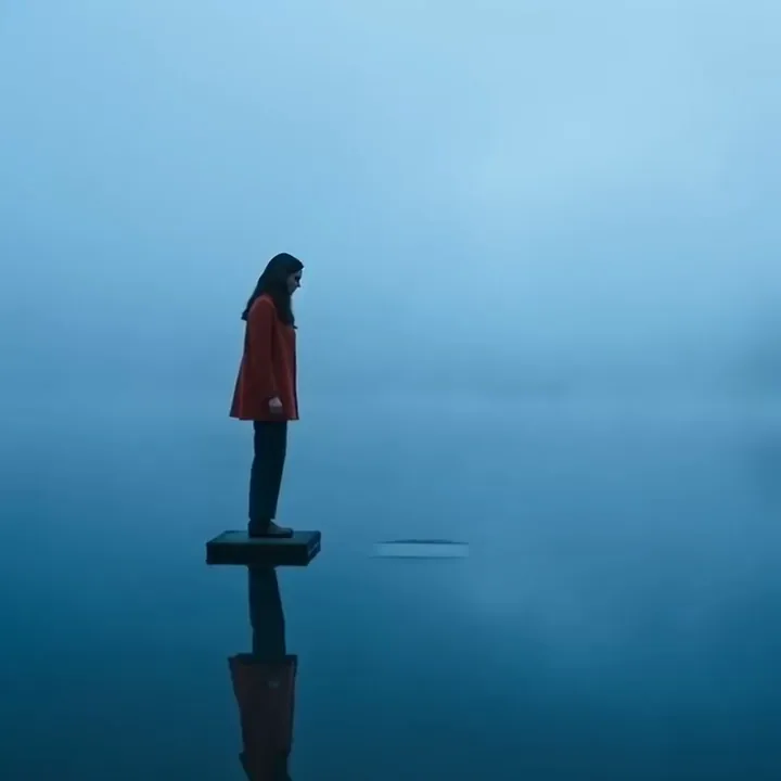 Kling 3.0 video of a woman in a red coat walking on stepping stones across a misty lake