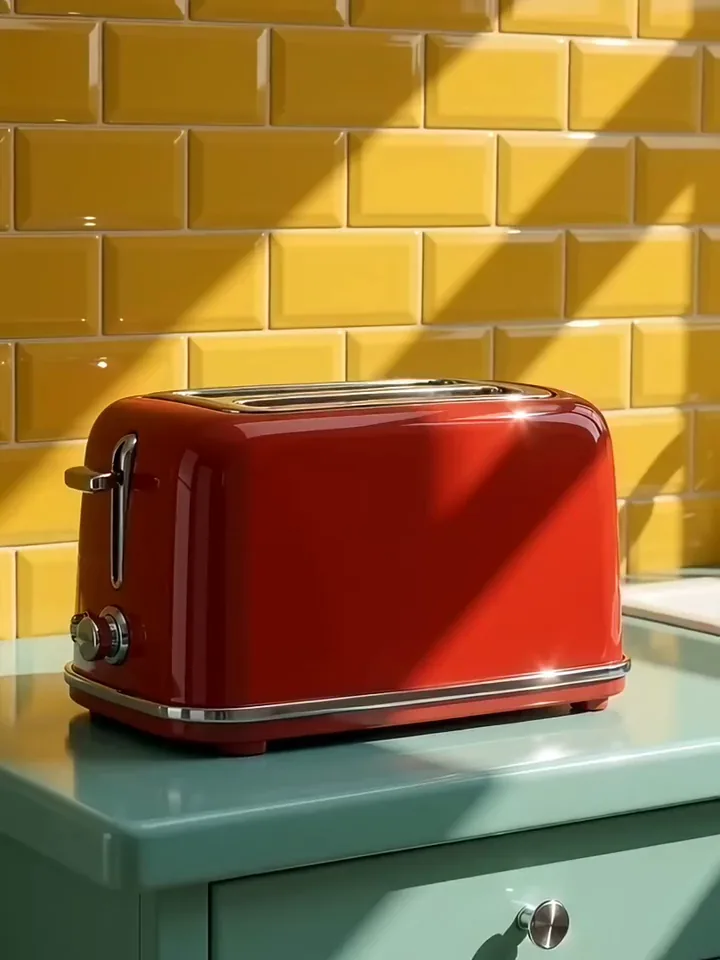 A red retro toaster popping up two golden slices against yellow tiles