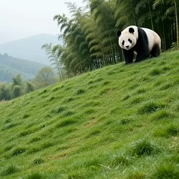 A giant panda tumbling down a grassy slope and sitting up