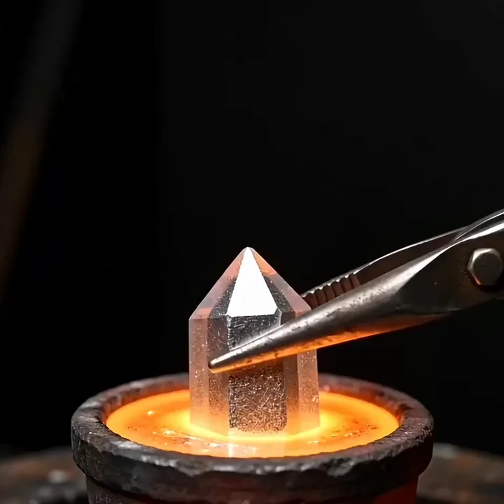 Kling 3.0 video of a bismuth crystal turning rainbow colours as tongs lift it from molten metal
