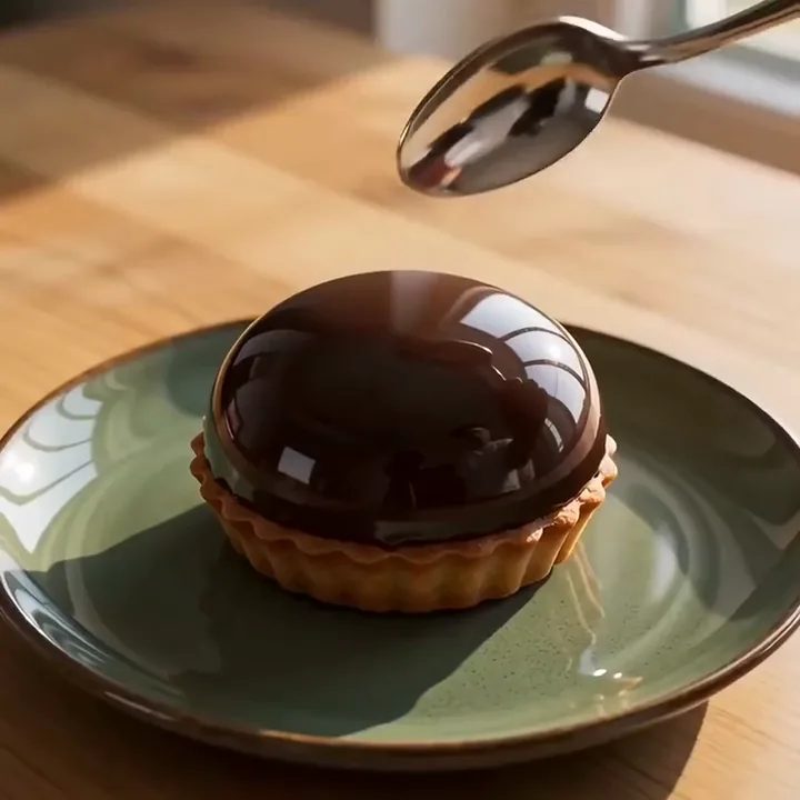Video Kling AI về chiếc thìa gõ vỡ vòm sô cô la phủ trên mâm xôi của một chiếc bánh tart