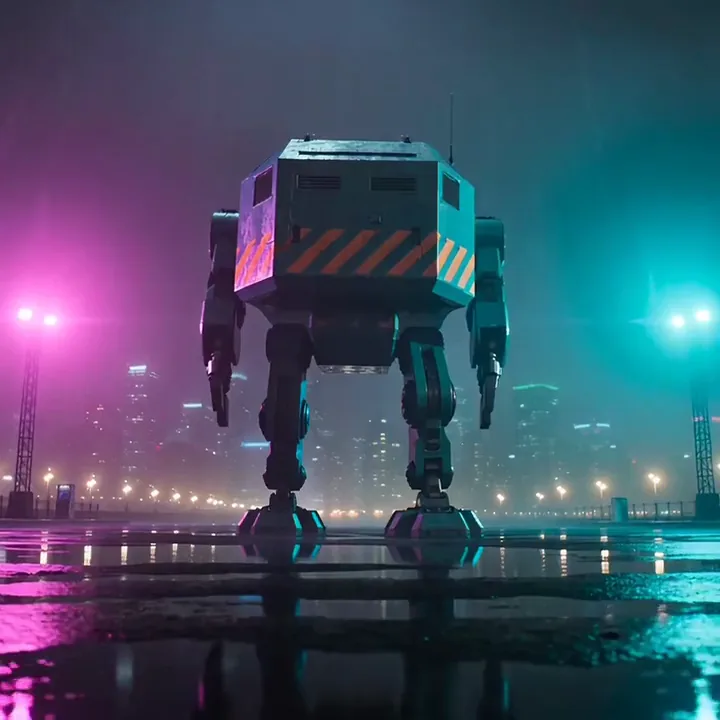 Video Kling AI về robot mech màu xanh mòng két bước xuống con phố neon ướt mưa