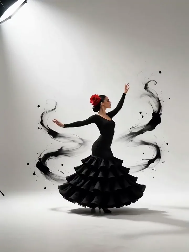 LTX-2 video of a flamenco dancer spinning in a white studio as ink swirls around her black ruffled skirt
