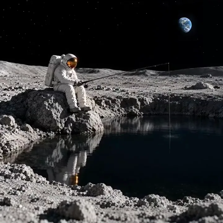 Astronaut fishing in a moon crater pool as a glowing blue fish leaps out