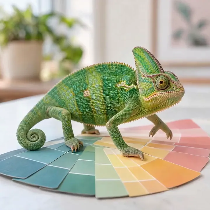 LTX AI video of a chameleon crossing paint swatches, its skin shifting to each colour