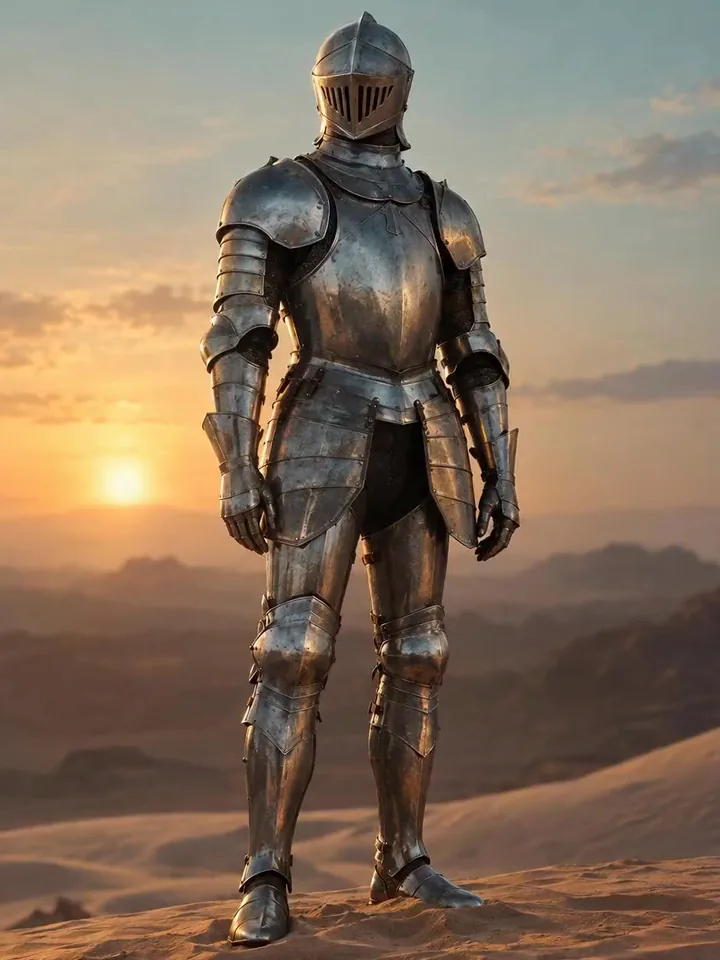 An empty suit of armour in the desert collapsing into a cascade of sand