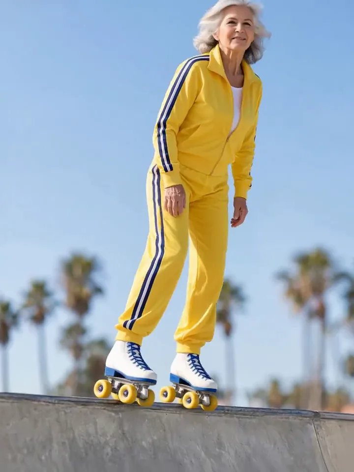 Grey haired woman in a yellow tracksuit roller skating off a ramp by the beach