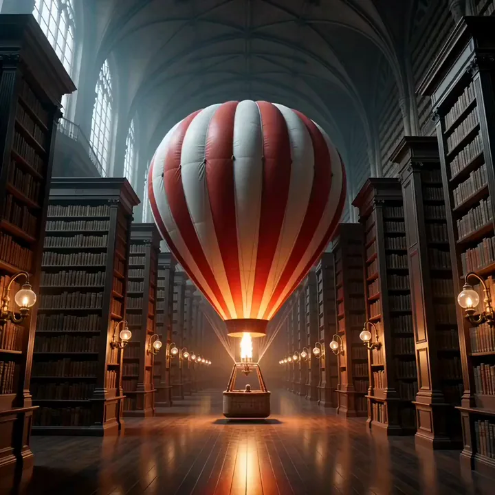 LTX-2 video of a red and white hot air balloon floating up between the shelves of a grand library